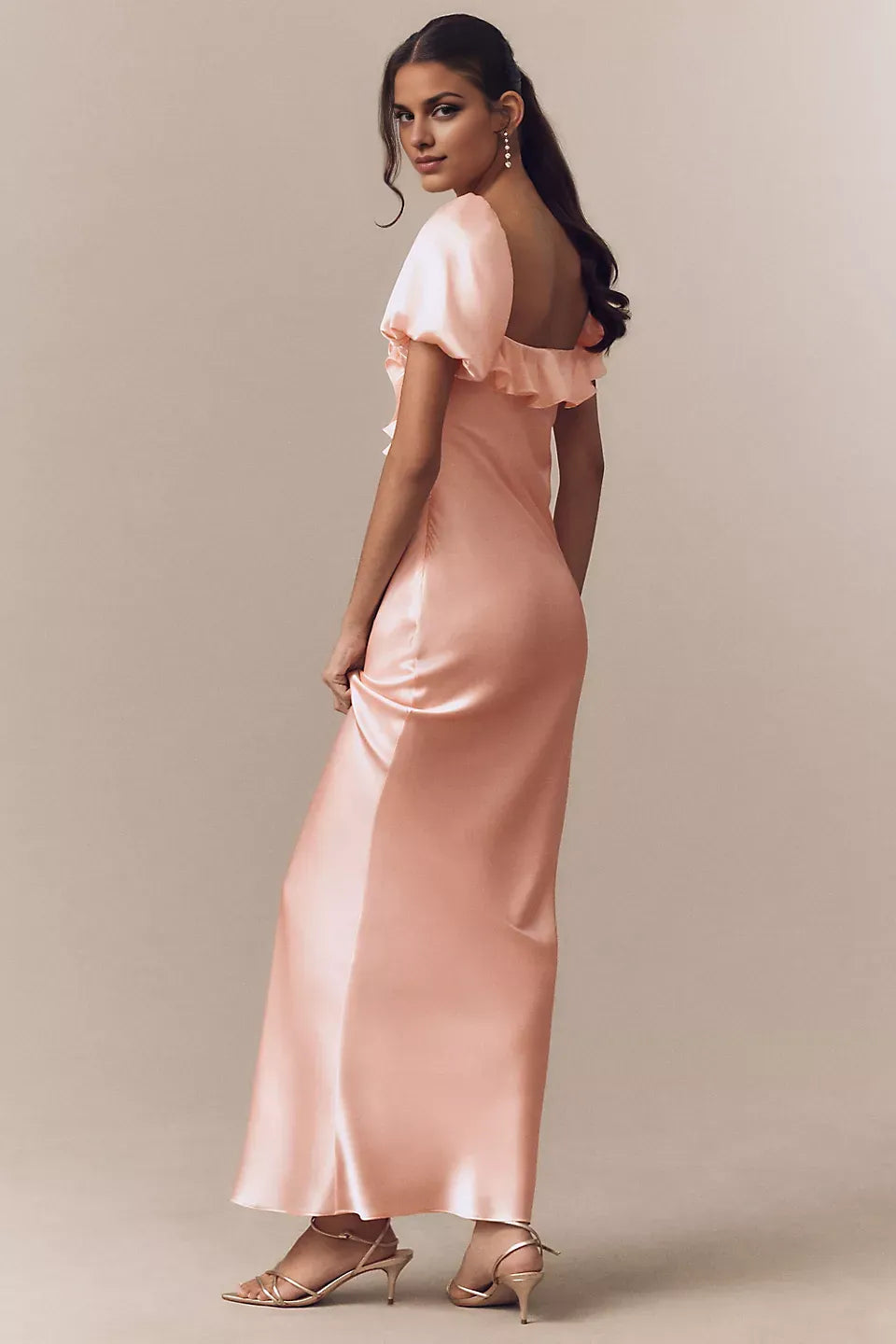 Robe fourreau élégante en satin à manches bouffantes, robe de bal avec fleurs 3D